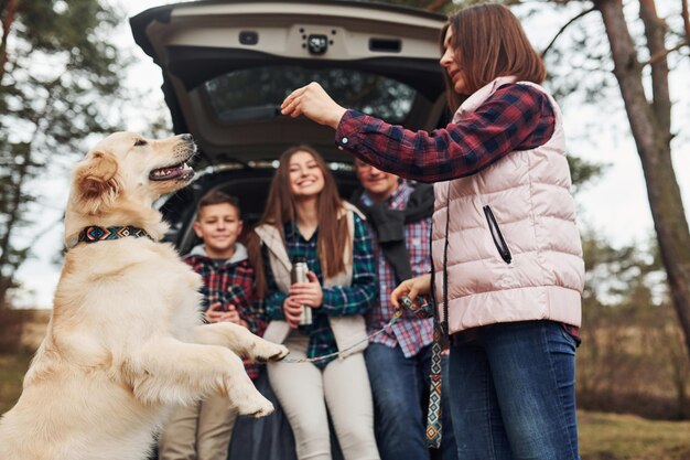 Família feliz se diverte com seu cachorro perto de carro moderno ao ar livre na floresta