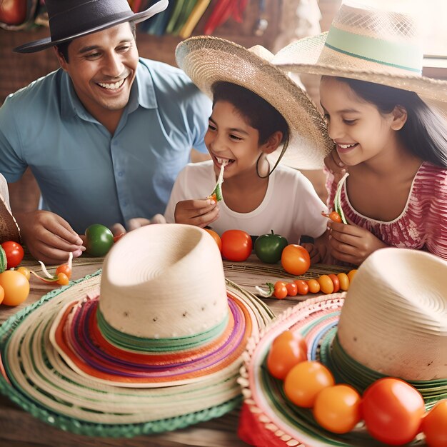 Foto família feliz se divertindo com os chapéus sombrero mexicanos