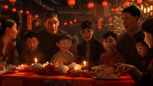 Foto una familia feliz está sentada alrededor de una mesa disfrutando de una comida juntos la mesa está decorada con velas rojas y flores