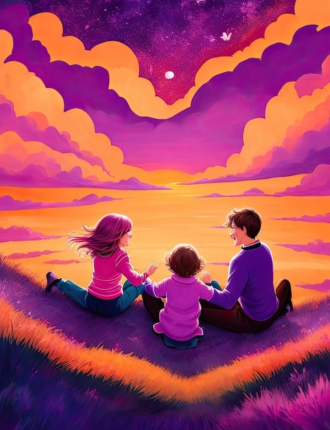 Família feliz sentada na grama por do sol ilustração