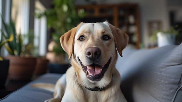 família feliz sentada no sofá com seu animal de estimação