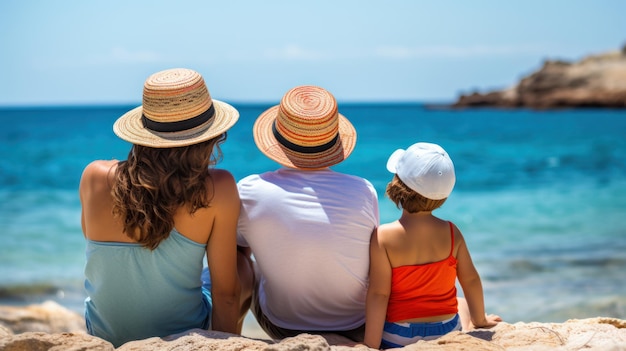 Foto familia feliz sentada en la playa y mirando el mar
