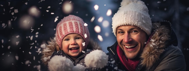 Una familia feliz sonríe en la nieve afuera.