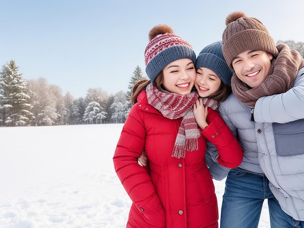 Una familia feliz sonriendo y abrazándose disfrutando de unas vacaciones de invierno