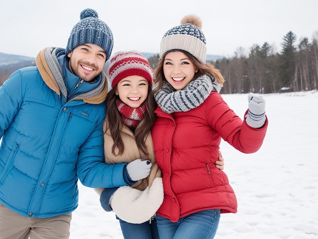 Una familia feliz sonriendo y abrazándose disfrutando de unas vacaciones de invierno