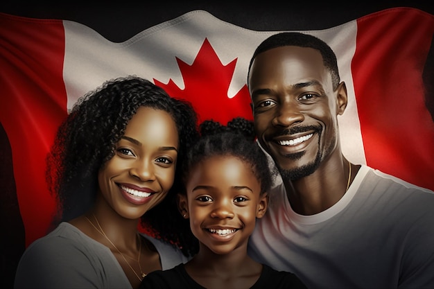 Familia feliz sonriendo en el fondo de la bandera nacional de Canadá AI generativa