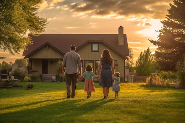 Familia feliz sonriendo fuera de su nuevo hogar al atardecer