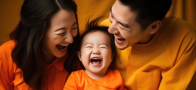 Familia feliz sonriendo y riendo con ropa brillante El fondo es amarillo