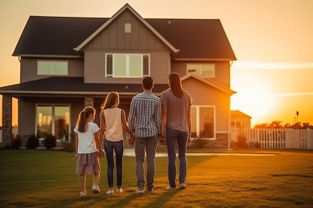 Família feliz sorrindo do lado de fora de sua nova casa ao pôr do sol