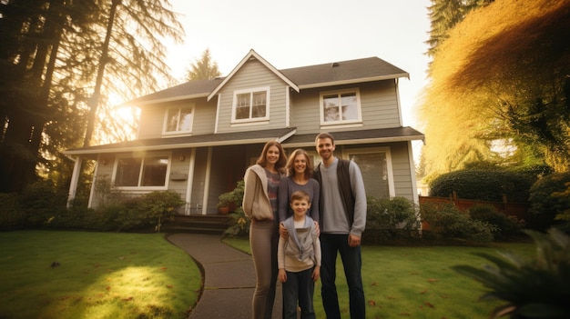 Foto família feliz sorrindo na frente de sua nova casa posando orgulhosamente na frente de sua casa suburbana