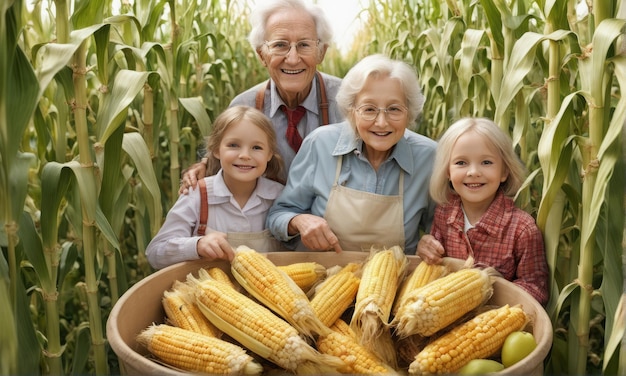 una familia feliz sosteniendo una canasta con maíz en el campo de otoño una pareja de ancianos con mazorcas de maíz una familia feliz