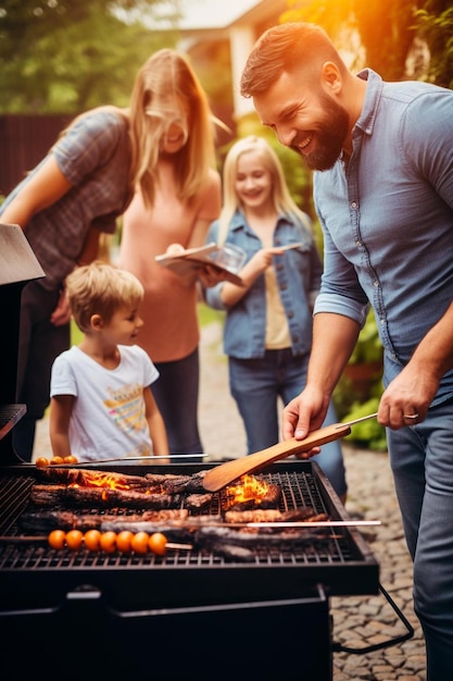 Foto familia feliz teniendo una fiesta de barbacoa en el patio trasero comida familia diversión y felicidad concepto