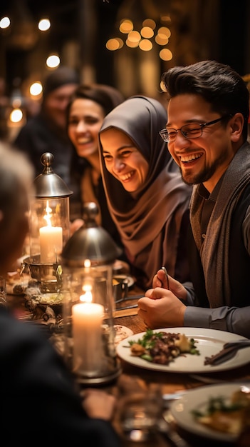 Una familia feliz teniendo Iftar juntos durante el Ramadán IA generativa