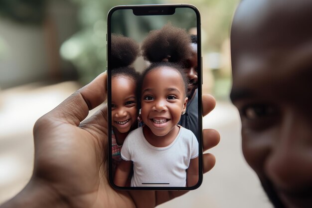 La familia feliz tiene una videollamada entre ellos