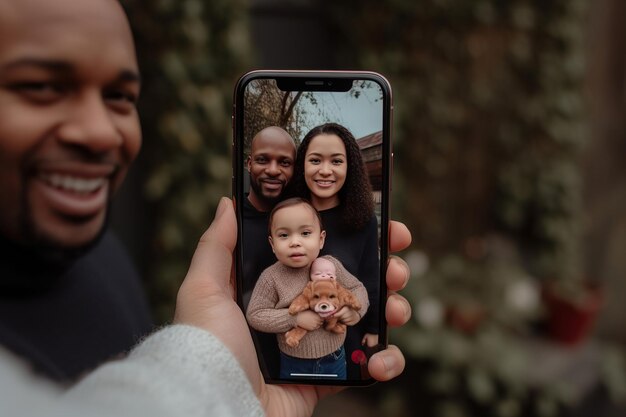 La familia feliz tiene una videollamada entre ellos