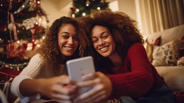 Foto família feliz tirando uma selfie alegre com uma árvore de natal ao fundo