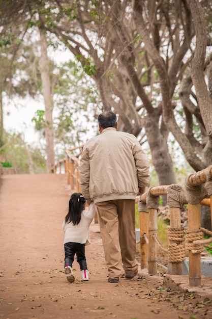 Familia feliz tomados de la mano y caminando por el parque por la tarde