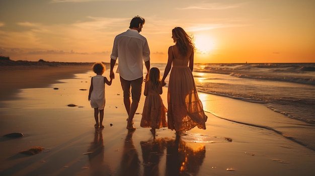 Familia feliz tomados de la mano disfrutando en la playa al atardecer en vacaciones IA generativa