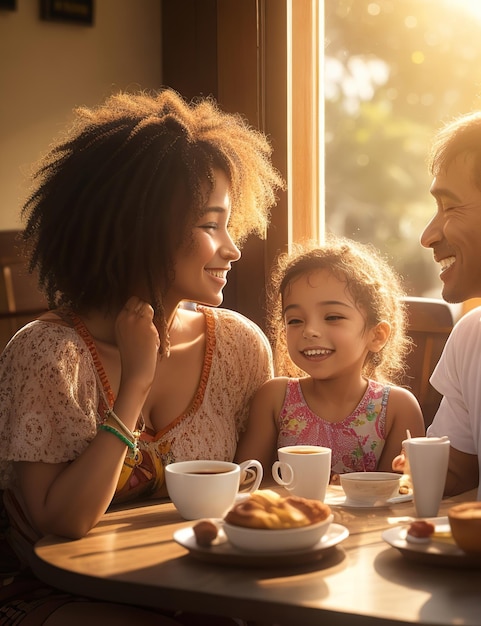 Foto família feliz tomando café da manhã