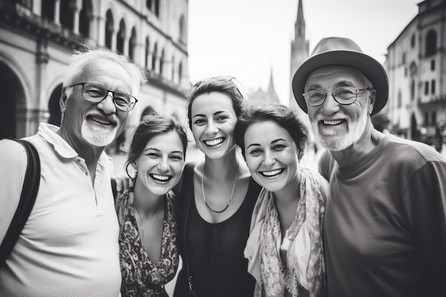 Familia feliz tomando una foto con el teléfono móvil al aire libre padres y abuelos de vacaciones