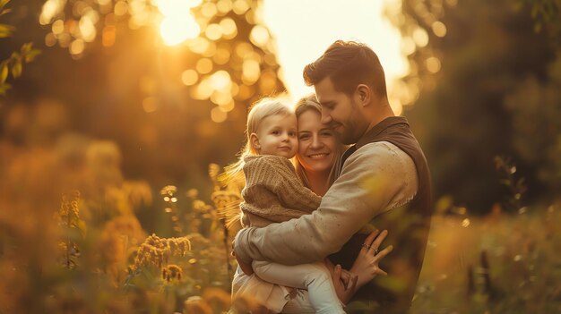 Familia feliz de tres en un campo de hierba alta al atardecer Los padres están sonriendo y abrazando a su pequeña hija