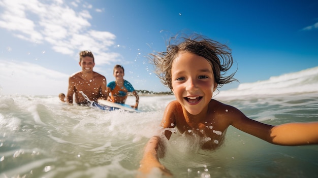 Familia feliz de tres surfistas divirtiéndose en la playa en un día soleado