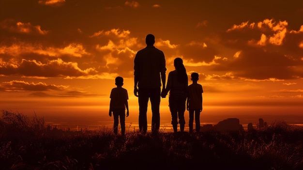 La familia feliz se une contra los colores dramáticos de la puesta de sol