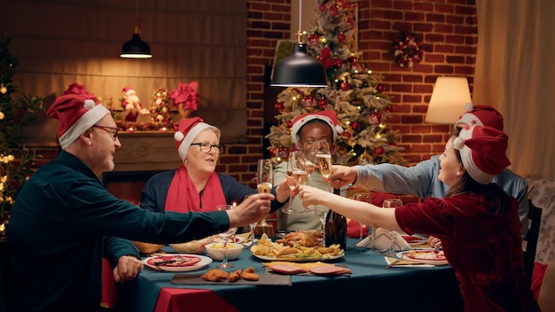 Família feliz usando chapéus festivos reunidos em casa sentados à mesa de jantar de natal juntos. pessoas multiétnicas alegres desfrutando de comida caseira tradicional enquanto celebram as férias de inverno.