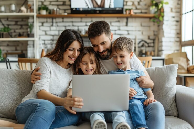 Família feliz usando laptop em um sofá tempo de família tempo de lazer para pais com filhos assistindo a um filme em um laptop