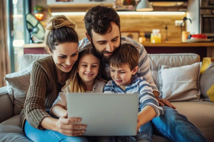 Família feliz usando laptop em um sofá tempo de família tempo de lazer para pais com filhos assistindo a um filme em um laptop