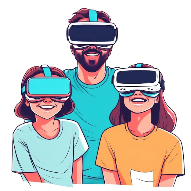 Família feliz usando óculos de realidade virtual pai mãe e filha em fone de ouvido VR