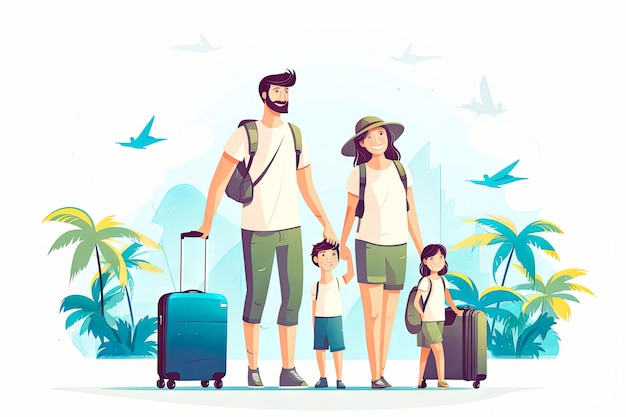 Foto família feliz vai viajar em desenho animado de estilo plano