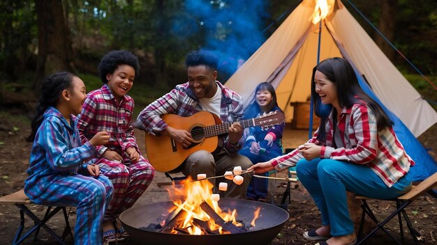 Familia feliz en un viaje de acampada