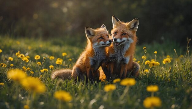 La familia Field Frolic Fox se divierte entre los dientes de león