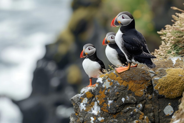 Familia de frailecillos en la roca de Islandia