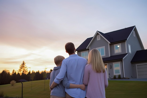 Una familia se para frente a una casa.