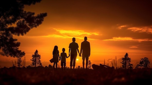 Una familia se para frente a una puesta de sol con la puesta de sol detrás de ellos.