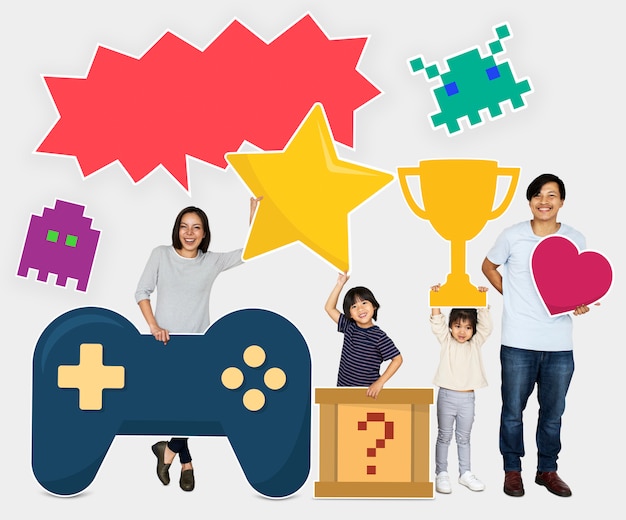 Familia ganando un desafío de videojuegos