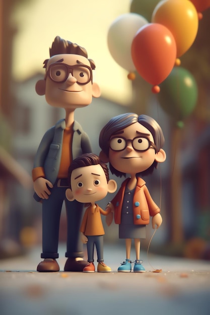 Una familia con un globo al fondo.