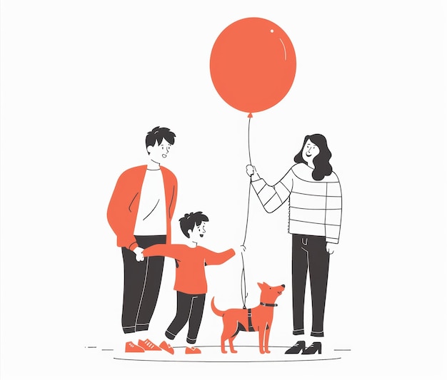 una familia con un globo rojo y un niño sosteniendo un balón rojo