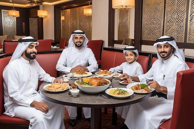 Foto familia del golfo arábigo sentada en el restaurante