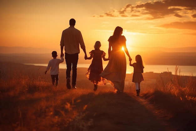 Família grande e feliz mãe pai filhos filho e filhas correndo na natureza ao pôr do sol