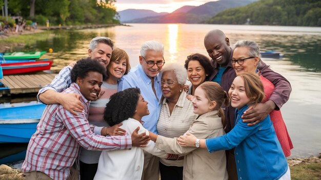 Família grande perto do lago.