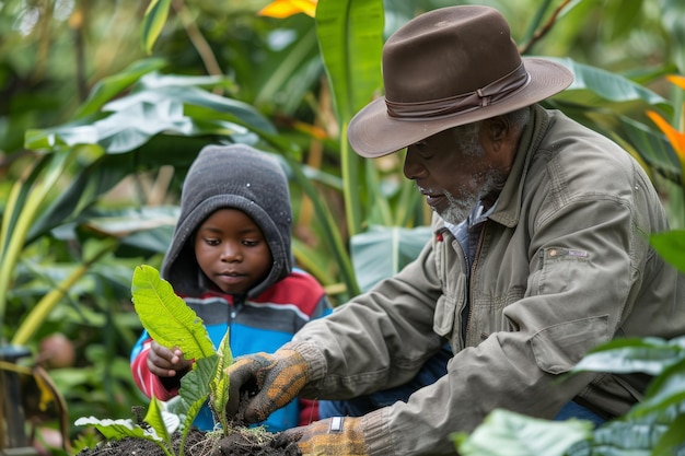 Família Green Thumb Avô e neto africanos compartilham um momento emocionante enquanto trabalham juntos