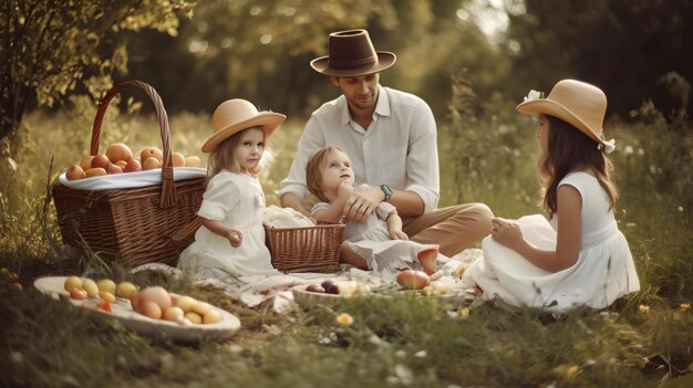 Familia haciendo un picnic en el campo de hierba, amor, viaje de campamento, padres, niños, vacaciones, IA generativa