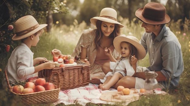 Familia haciendo un picnic en el campo de hierba, amor, viaje de campamento, padres, niños, vacaciones, IA generativa