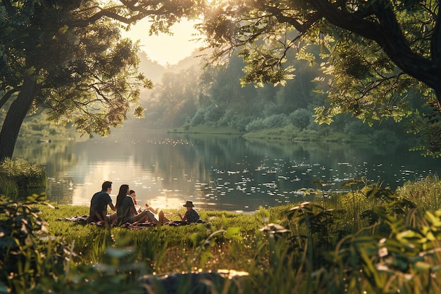 Familia haciendo un picnic junto a un lago tranquilo