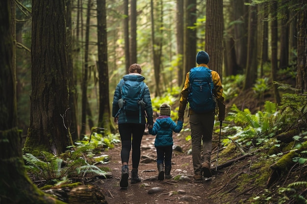 familia haciendo senderismo juntos caminando a lo largo de un sendero forestal