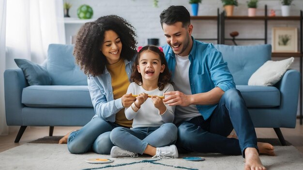 Familia con una hija pequeña divirtiéndose en casa