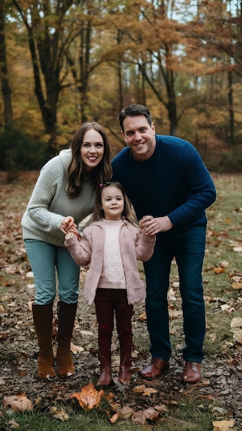 Familia con hija pequeña juntos en el clima de otoño divirtiéndose